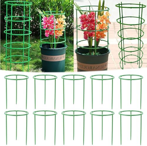 10Pcs Plant Support Stakes Half Round Plant Stakes, Stackable Plant Support Cages for Climbing Plant 10 Flower Tomato Cage with Stand Stakes and Stable Support Rings for Vegetables, Flowers
