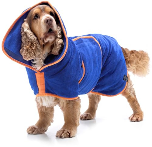 Lucky Paws® hundbadrock - Dubbellager & lyxigt mjuk hund badrock som torkar hunden utan krångel på några minuter, superabsorberande hundhandduk & badrock för hund i ett (L, Blå)