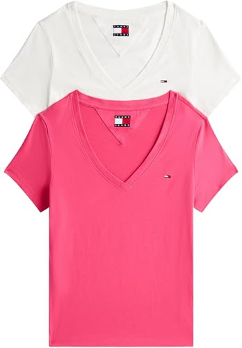 Tommy Jeans Femme Tjw 2pack V-Neck Tee Dw0dw21367 T-Shirt S/S, Multi (Ecru/Jewel Pink), M EU