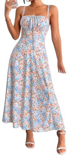 YATHON Sundresses for Women 2026 Vacation Maxi Spaghetti Strap Backless Flowy Tea Party Dress for Women Vintage(YT552-Pink B Floral 01,L)