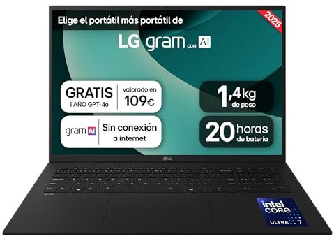 LG gram 17ZD90T-G.AX78B Ordenador Portátil 17 Pulgadas Intel Core Ultra7 255H, 16 GB RAM, 1TB SSD, Pantalla IPS Antirreflejo, 1.350 g, 20 Horas, FreeOS, Negro, Teclado QWERTY Español
