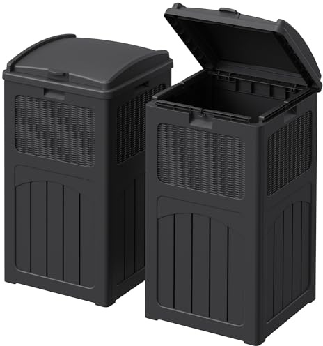 Devoko 33 Gallon Outdoor Trash Can with Dual Lid, Heavy Duty Waterproof Resin Garbage Bins Outside, Hideaway Waste Bins for Patio, Outside Pool, Backyard and Deck (2, Black)