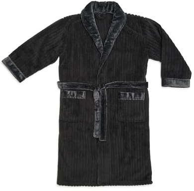 Gözze - Damen Bademantel Jennica, Leichter Morgenmantel in Cord-Optik mit Schalkragen, Kuscheliger Hausmantel aus Mikrofaser, Größe L - Anthrazit