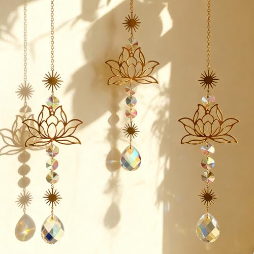 3 acchiappasole in cristallo, con fiore di loto, decorazione da appendere per finestre, ufficio e auto, 40 cm x 6,4 cm, cristallo Suncatcher per effetti arcobaleno