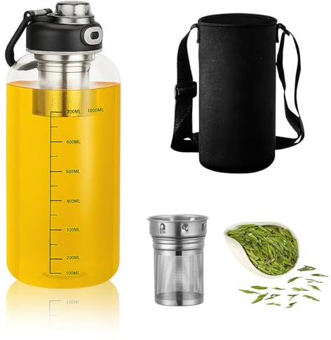 Gourde en verre de 1 l - Gourde robuste en verre borosilicate épais - Bouteille à thé pratique avec infuseur à thé pour les déplacements - Parfaite pour le thé chaud ou le thé froid - Facile à