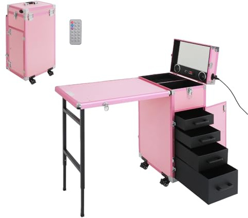Mqwdxzfes rullande manikyrbord med Bluetooth-högtalare och spegel, vikbar mobil sminkvagn med låsrullar, sminkstation för professionell kosmetika och nageldesign, ROSA, modern