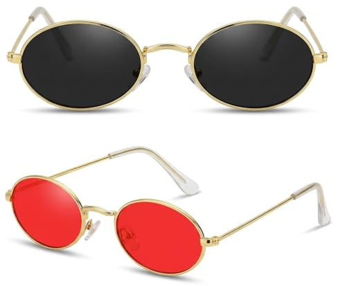 SquishyWorld 2 Stück Retro Sonnenbrille Damen 90er Jahre Style Oval Schmal Vintage Brille Goldener Rahmen Rote Graue Gläser Trendige Partybrille Festival Accessoires für Frauen Mädchen Streetwear