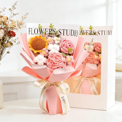 HOVCEH Gehäkelte Blumenstrauß Rosa, Häkel Blumenstrauß mit Sonnenblume und Rose, Handgefertigte Blumen, Geschenk für Mama, Frauen, Abschlussfeiern, Hochzeiten, Geburtstage, Muttertag