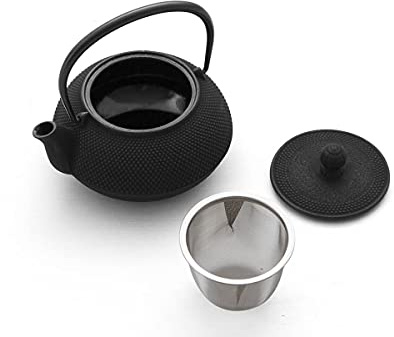 Iwachu Teekanne Gusseisen. Japanische Kyusu Arare, Original, Schwarz 650ml, 0,65 Liter Sieb-Einsatz Edelstahl. Innen Emailliert