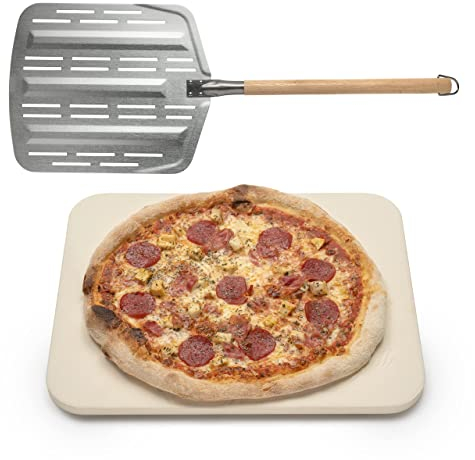 Hans Grill Pizza Stone PRO XL Baking Stone For Pizzas use in Oven, Grill or BBQ FREE Long Handled Anodised Aluminium Pizza Peel | Rectangular Stone 15 x 12 Inches | For Pies, Pastry, Bread, Calzone