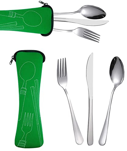 Picnic Cubiertos Trabajo, Cubiertos De Camping De Acero Inoxidable, Cubiertos Camping Set Con Neopreno Bolsa Ideal Para Viajes Y Camping（verde）