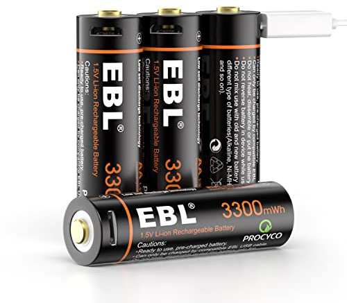 EBL 1.5V Lithium AA Rechargeable Battery - 3500mWh High Capacity with 4-in-1 USB-C Charging Cable, USB-C AA Battery, No Charger Needed to Charge Anywhere