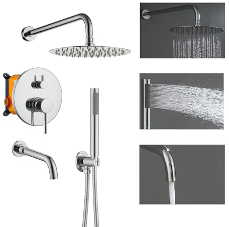 Clihome 10in Shower System Set with Tub Spout Rainfall Shower Head System with Handheld Shower Head, Square Fixed Shower Head, Rough-in Valve Body, Trim Kit, Chrome