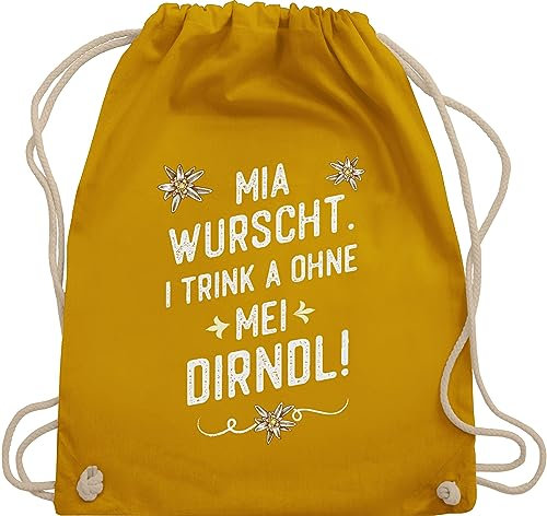 Shirtracer Turnbeutel Rucksack - Kompatibel mit Oktoberfest Tasche - Mia wurscht i trink a ohne mei Dirndl - Unisize - Senfgelb - trachtenrucksack bayrische taschen trachtentaschen bayrisch baumwolle