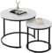 Couchtisch Rund, Satztisch 2er Set, Wohnzimmertisch, Couchtisch aus Holz, Beistelltisch Set, Sofatisch für Wohnzimmer, Schlafzimmer, Büro, Balkon, Schwarz Metallgestell und Weiß Marmor Tischplatte