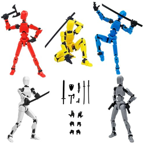 Cartlant 5 Pack T13 Action Figure Already Assembly, 3D Printed Dummy Titan Lucky Stop Motion Figures Set, Multi Jointed Movable T 13 Robot Model Figurine Anime Desktop Decoration Toys, 5 Colors
