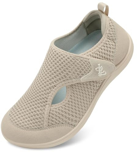 JOINFREE Women’s Wide Fit Barefoot Walking Shoes – Zero Drop Comfort Trainers with Adjustable Strap, Breathable Non-Slip Casual Shoes for Swollen or Sensitive Feet Taupe 8 UK
