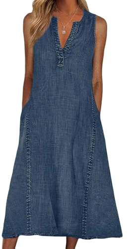 loveimgs Women Summer Sleeveless Denim Midi Dress Jean Jumper A Line Tunic Sundress Western Long Shift Tank Dress 2025 (Large,Dark Blue)