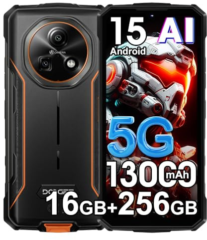 DOOGEE Fire 7 5G Téléphone Portable Incassable,16Go+256Go/2TB,13000mAh 18W Android 15 Smartphone Incassable,6.6 HD+90Hz,64MP+16MP AI Caméra,IP68/NFC/OTG/GPS (Orange)