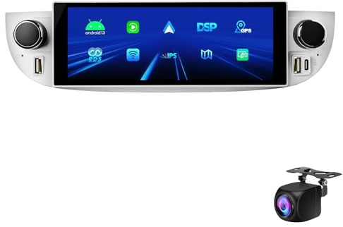 Autoradio stereo touchscreen da 8 per Fiat 500 (2007-2015) con lettore DVD, navigazione GPS, Carplay wireless, Android Auto, Android 14, WiFi e Bluetooth.