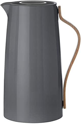 Stelton Kaffee-Isolierkanne Emma - Edelstahl-Thermoeinsatz, doppelwandig isoliert - Thermoskanne/Kaffeekanne/Teekanne mit Buchenholzgriff, Easy-Click-Deckel - 1,2 Liter, glänzendes Finish, Grau