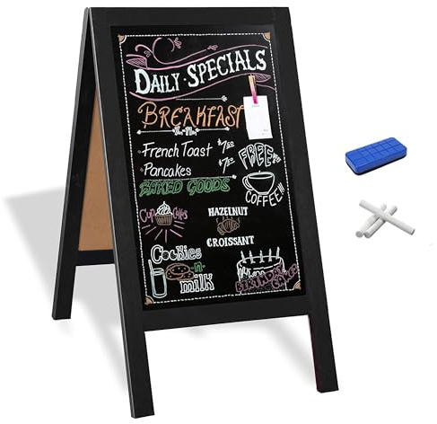 Ilyapa Wooden A-Frame Chalkboard Sign with Eraser, 40 x 20 Inch Magnetic Sidewalk Menu Board, Black Menu Display for Restaurant, Business, or Weddings