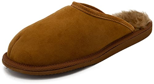 Hollert Lammfell Hausschuhe OLAF Echtfell Merino Lederschuhe atmungsaktiv Schuhgröße 45, Farbe Cognac