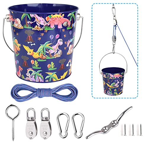 FUQUN Flaschenzug Kinder, Riemenscheibe mit Eimerkabel, für Kinder ist das perfekte Zubehör für das Baumhaus, das Spielhaus und den Kletterrahmen, Seilwinde Kinder, Spielturm Zubehör (Dinosaurier)