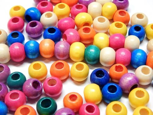 200 stycken träpärlor, 10 mm stora hål, träpärlor, 4,5 mm stort hål för gängning, träkulor, runda, färgglada blandade färger, set för pyssel