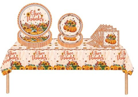 53Pcs Thanksgiving Tableware for Table Decorations - Happy Thanksgiving Theme Dinnerware Set With Table Cloth, 7inch and 9inch Plates, Napkins - Party Supplies