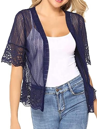 Qianderer Bolero-Jacke für Damen, Spitze, vorne offen, Netzstoff, durchsichtig, Patchwork, für Sommer, Strand, Dunkelblau, XL