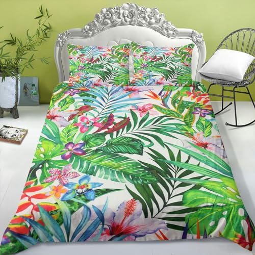 SHROUDEX Bettwäsche Tropische Blätter Grün Palmenblätter Muster Bettbezug Tropische Palmenblätter Und Monstera Blätter Pflanzen Bettwäsche-Set Für Kinder (6,135x 200 cm)