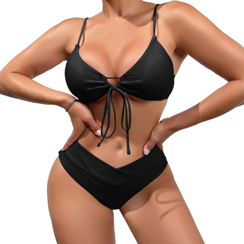 meioro Bikiniset för kvinnor Triangel Cut out Badeanzug, V Ausschnitt Zweiteiliger badmode låg midja underdel baddräkt, sexig klänning för kvinnor, Svart, L