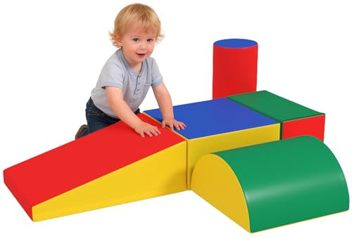 HOMCOM Set Costruzioni Morbide per Bimbi 1-3 Anni con 5 Blocchi Colorati, Set da Gioco Blocchi Morbidi per bambini in Finta Pelle e Schiuma, Rosso, Verde, Blu, Giallo