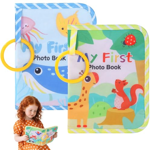 Rhoxshy 2 Pack My First Photo Book for Baby 4×6 Inch Baby Soft Cloth Photo Album with Safe Mirror 17 Pages Babys First Album Soft Toddler Family Memory Book for New Parents