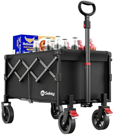Sekey 220LBS Folding Camping Trolley, Heavy Duty 100L Large Capacity Garden Wagon Cart with All-Terrain Wheels, Lightweight Outdoor Utility Foldable Festival Trolley for Grocery, Shopping, Black