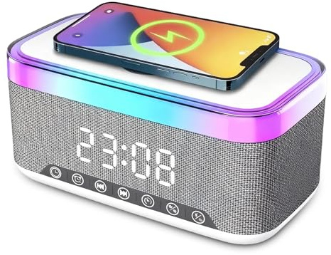 SUNOYA Radio-réveil numérique avec station de charge - Réveil numérique avec lumière - Radio réveil numérique - Station de charge avec radio réveil sans fil - Haut-parleur Bluetooth numérique - Maison