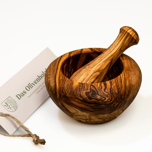 DAS OLIVENHOLZBRETT®Mörser und Stößel runde Form ca.14cm | zum Mahlen von Kräutern und Gewürzen/ aus hochwertigem Olivenholz/schnell und einfach zu Reinigen