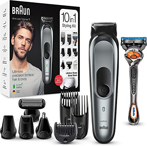 Braun 10-in-1 All-in-One Trimmer Series 7, Male Grooming Kit with Beard Trimmer, Hair Clippers, Nose Trimmer, Gillette Razor, Foil Shaver & Body Groomer, Gifts for Men, UK 2 Pin Plug, MGK7221