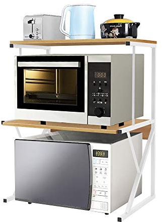 Menaka 2 Tier Kitchen Countertop Microwave Oven Unit Shelving Stand Rack for Household Storage Organizer, Home Office Desktop Shelf Printer Rack Free Standing Metal Frame Wood Tabletop