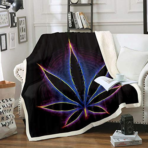 Loussiesd Marijuana Leaf Sherpa Blanket Glitter Blue Cannabis Leaves Decor Fleece Throw Blanket for Kids Boys Girls Marijuana Weed Hemp Plants for Sofa Bed,Single 50x60 Inch