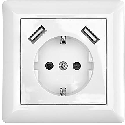 Schutzkontakt-Steckdose mit 2 x USB-Anschluss Typ A + A 2800mA Weiß Schuko Steckdose Unterputz Wandsteckdose Ladegerät