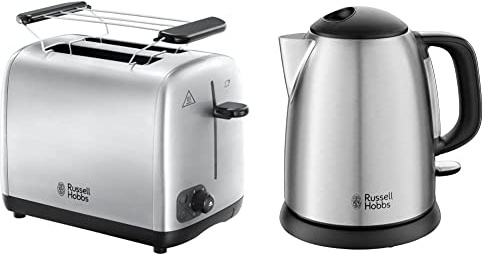 Russell Hobbs Adventure Tostadora - 2 Ranuras Cortas Y Anchas, Para 2 Rebanadas, Acero Inoxidable + Adventure Hervidor De Agua Eléctrico - 2400 W, 1 Litro, Acero Inoxidable