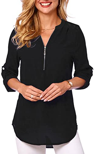 Tuopuda Chemisier pour Femme avec Col en V Chemises Chic Elégant T-Shirt à Manches Longues Blouses Blanche 3/4 Tunique Manches enroulables Hauts Décontractés, Noir, M