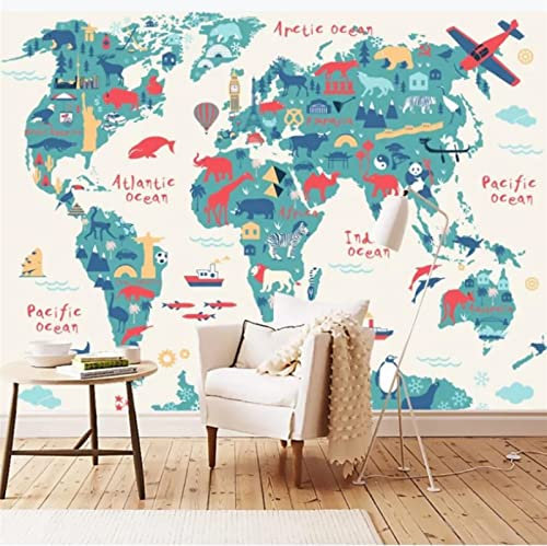 fsdgdf Photo Wallpaper 3D Cartoon Version World Map Non-Woven Mural Wallpaper Children's Room Wall Decor 300(W) X210(H) Cm