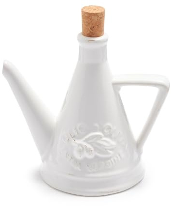Sur La Table Farmhouse Italian Oil Cruet – 12 oz Handmade Clay Vessel with Cork Top & Angled Handle for Olive Oil, Balsamic Vinegar or Dressing, Glazed Finish, Made in Italy, White
