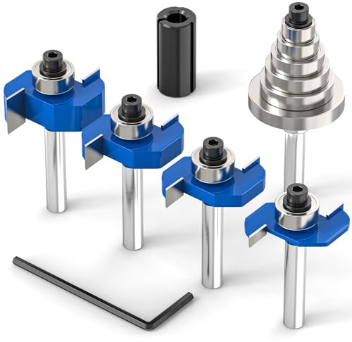 MEIGGTOOL 4Pcs Rabbet Router Bit 1/4 Shank with 6 Bearings Set - 1/16, 3/16, 1/4, 5/16, 3/8, 7/16. Interchangeable Bearings with 1/2 to 1/4 Router Collett