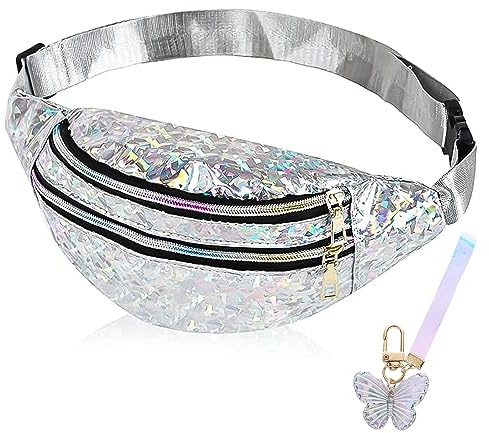 Bauchtasche für Kinder und Damen Mit Glitzer, Holographic Wasserdicht Gürteltasche für Mädchen und Jugendliche Mit Mode Schmetterlings Schlüsselanhänger