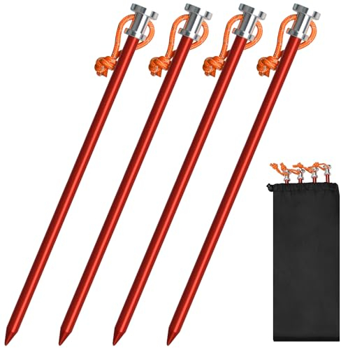 Tent Stakes, 4/8/12/16 Pack Heavy Duty Lightweight 9 Aluminum Tent Stakes Pegs with Rope Head and Storage Bag, Canopy Stakes Pegs for Camping, Canopy, Outdoor(4 Pack Red)