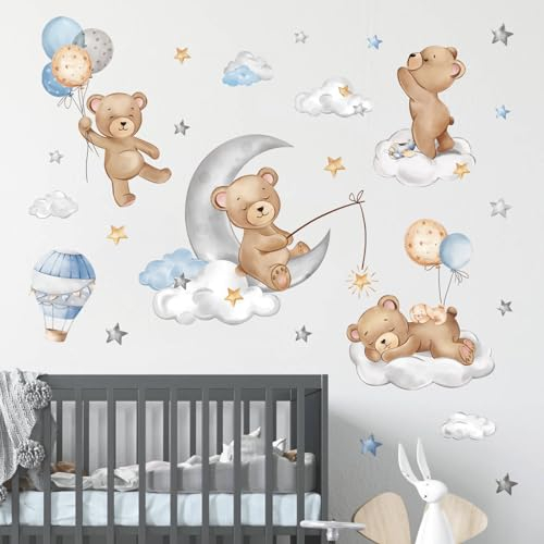 decalmile Adesivi Murali Bambini Orso Nuvole Adesivi da Parete Orso Luna e Stelle Palloncini Mongolfiera Decorazione Murale Cameretta Bambini Asilo Camera da Letto